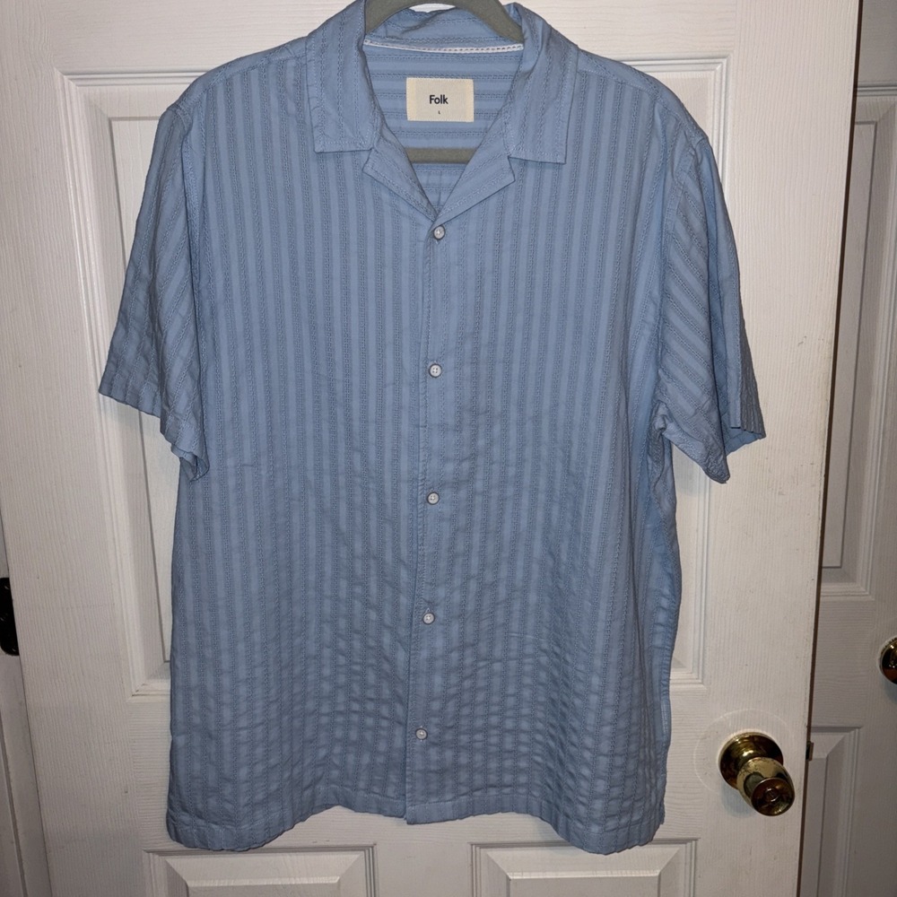 Folk L Textured Stripe Button Up Camp Shirt Short Slv Blue Cotton Hipster $181